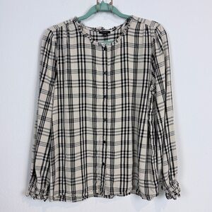 Ann Taylor Factory Black Beige Checkered Button Down Shirt M